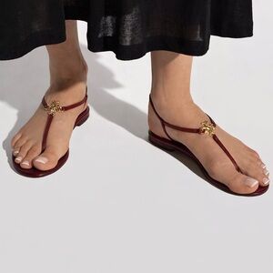 Tory Burch Burgundy Leather T-Strap Sandals with Gold Logo